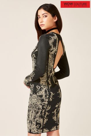 Wow Couture V neck 2 Tone Jacquard Dress